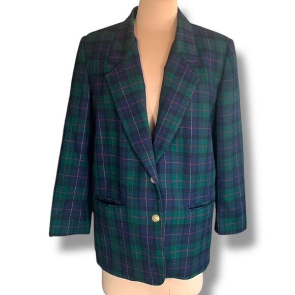 Vintage 90s Petite Green Navy Blue Plaid Wool Blazer Jacket Gold Buttons Preppy - Picture 11 of 11
